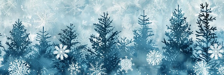 Background Texture Pattern - Winter Cel-Shaded Snowflakes and Pine Trees - Color Palette of Icy Blues, Whites, and Silvers created with Generative AI Technology - obrazy, fototapety, plakaty