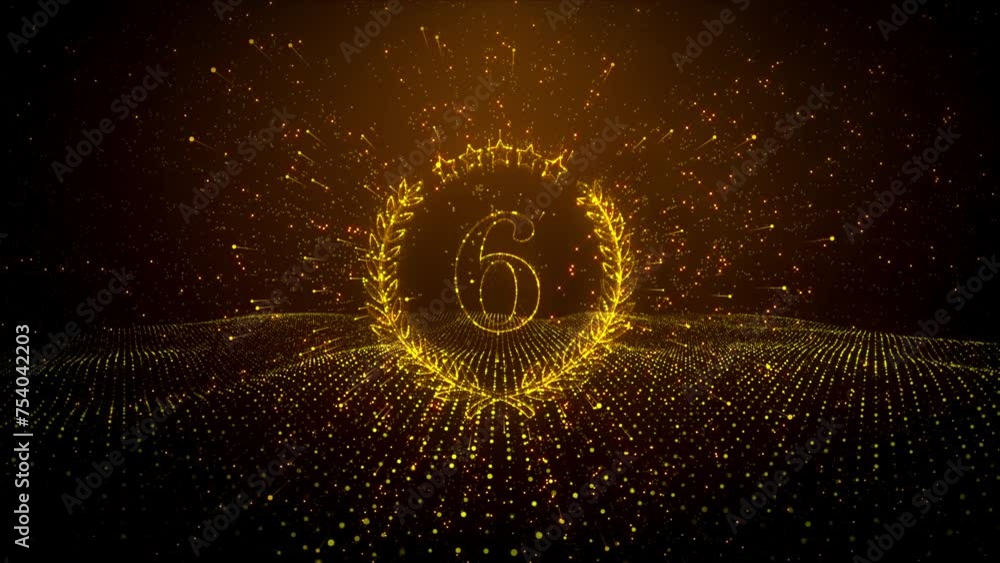 Poster abstract golden shiny number 6 laurel wreath label dotted lines wireframe particle space motion reve