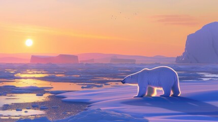An arctic scene with a polar bear wandering across sea ice under the midnight sun, with a distant view of icebergs and a clear sky. 8k - obrazy, fototapety, plakaty