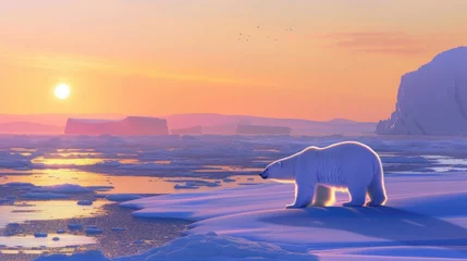 Foto op Plexiglas An arctic scene with a polar bear wandering across sea ice under the midnight sun, with a distant view of icebergs and a clear sky. 8k © Muhammad