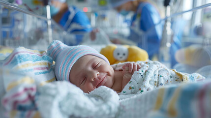 Newborn baby inside a birthing hospital department, NICU room with nurses in background.