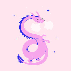 Cute and friendly dragon. Flat isolated illustration on pink background. Postcard, invitation, layout or wallpaper.
