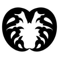 Symmetrical decorative shape with abstract floral motifs. Stylized leaf. Black silhouette on white background.