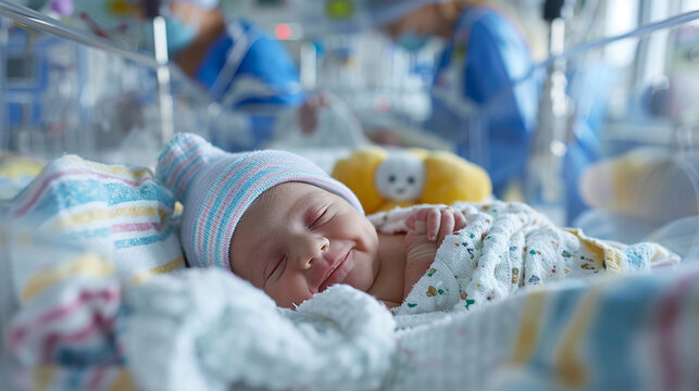 Newborn baby inside a birthing hospital department, NICU room with nurses in background.