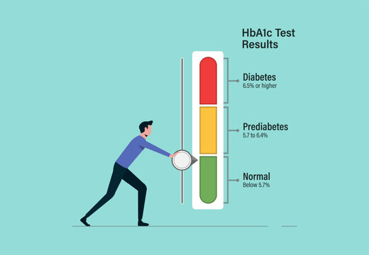 Hemoglobin A1c test with level indicator, managing blood sugar to prevent metabolic disorder syndrome, keep blood glucose level in normal position