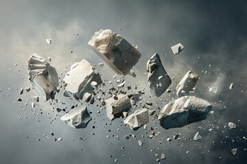 Small pieces of broken stone burst into the air main image leaning to the right - obrazy, fototapety, plakaty