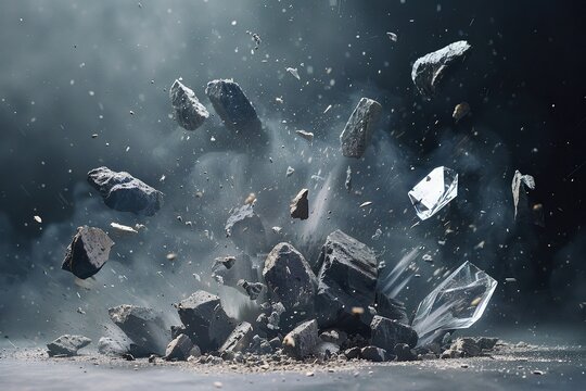 Small pieces of broken stone burst into the air main image leaning to the right