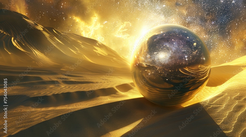 Poster an atmospheric scene of a light sphere casting dynamic shadows across the desert sands, with the bac
