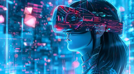 A girl wearing virtual reality sunglasses with advanced technology. Fantasy landscape anime or cartoon style, looping 4k video animation