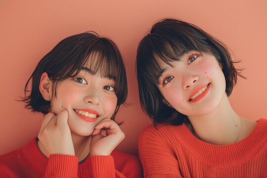 Two beautiful teenage Japanese with short hair Beige background Hair color of bright Smiling faces Hand on chin Heads slightly tilted