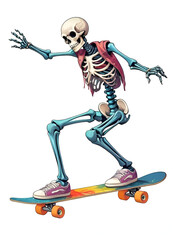 Cartoon illustration of a skeleton riding a skateboard.