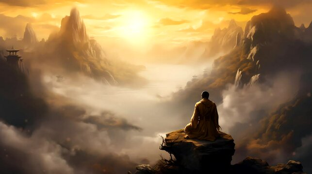 A hermit sitting in contemplation on the edge of mountain peak, overlooking a valley bathed in golden sunlight below. Fantasy landscape, looping 4k video animation background