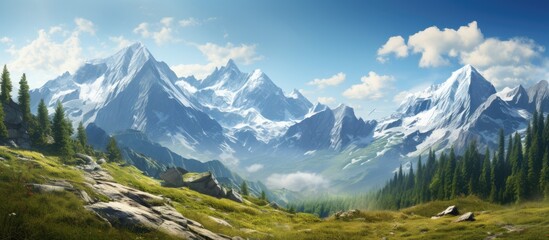 A detailed painting showcasing a stunning alpine mountain range under a clear sky, with lush trees in the foreground. The towering peaks dominate the scene, while the trees add depth and perspective.
