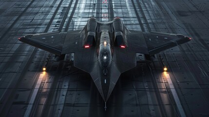 a top view of a futuristic dark fighter jet about to take off from a runway dramatic night shot