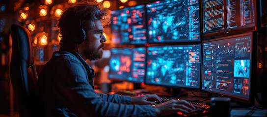 Obraz premium Man is Working on His Computer at Night extreme closeup. Generative AI