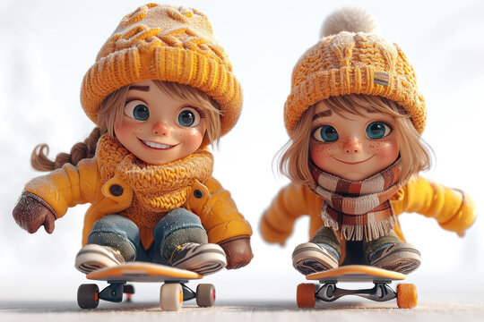 Fun Cartoon Cute Kids Ride Scateboards extreme closeup. Generative AI