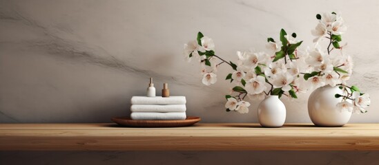 Three white vases filled with blooming white flowers are neatly arranged on a vintage wooden shelf. The classic bathroom setting enhances the minimalist and clean design aesthetic.