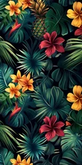 Fototapete Rund Background Texture Pattern - Summer Cel-Shaded Tropical Paradise - Color Palette of Bright Greens, Dazzling Yellows, and Deep Blues created with Generative AI Technology © Sentoriak