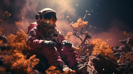 A man in a red spacesuit is sitting on a rocky surface - obrazy, fototapety, plakaty