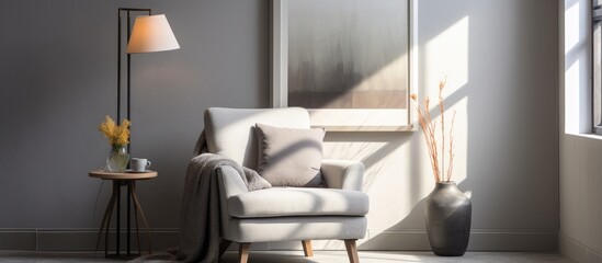 A comfortable gray chair is positioned near a glowing floor lamp in a light-filled living room. The chair is placed against a wall adorned with decorative frames and curtains.