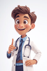 Fototapeta premium Cute Cartoon Character Doctor Person Pointing Finger Up extreme closeup. Generative AI