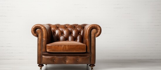 Fototapeta premium A brown leather chair is positioned against a plain white wall, creating a simple and elegant contrast in the room. The chairs sleek design stands out against the neutral background.