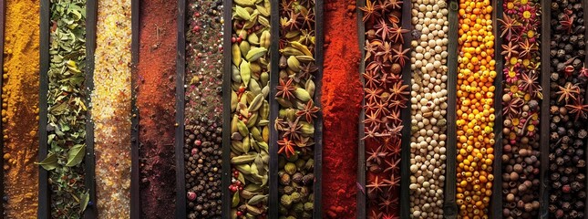 Diversity od spicesstraight frontal photo of a big wall with densely packed 50 different large and differet colors spices