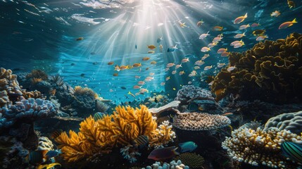 An ethereal underwater scene illuminated by natural light, showcasing a tranquil coral garden with a variety of reef fish swimming in harmony