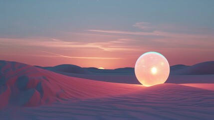 An ethereal view of a desert at twilight, where a singular, luminous sphere casts a soft, radiant...