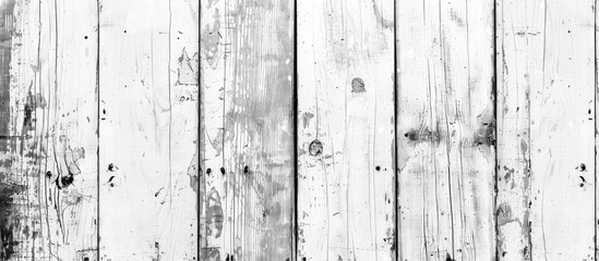 A weathered wooden fence is captured in black and white, showcasing its old wood texture, distressed grunge look, and scratched white paint on the planks.