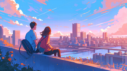 Obraz premium young anime boy and girl couple on a date