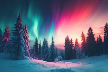An idyllic winter landscape bathed in the colorful lights of the Aurora Borealis, with pine trees dusted in snow. 8k - obrazy, fototapety, plakaty