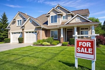 For Sale Real Estate Sign in Front of House with Green Lawn.