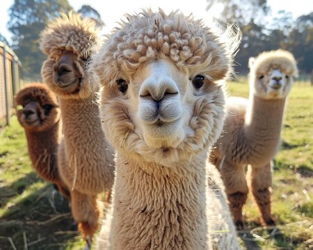 Gentle and supple hair alpaca and Gentle and supple hair baby alpaca in the middle with eyes big and wide looking Sunlight Comes from outside