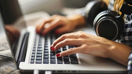 Young woman with wireless headphones, freelancing and using a laptop in a cozy cafe setting