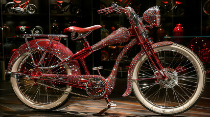 A candy apple red retro bike adorned with glittering rhinestones, turning heads with its dazzling display.