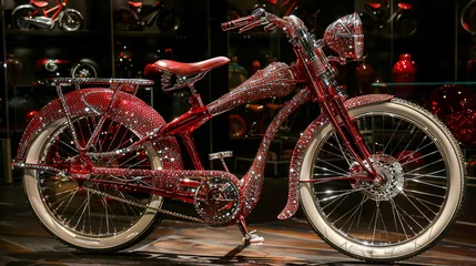 Crédence de cuisine en verre imprimé Vélo A candy apple red retro bike adorned with glittering rhinestones, turning heads with its dazzling display.