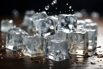 a bunch of ice cubes that are falling off of the side of a glass container with water droplets on it. Generative AI