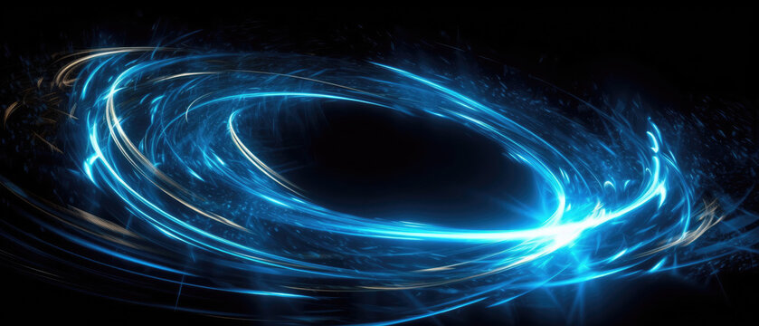Bright glowing swirls and circular blue energetic lines illuminate the abstract dark background 