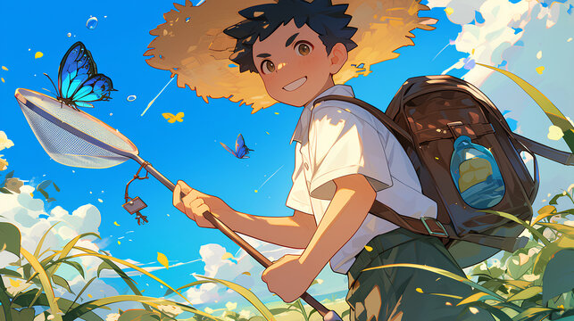 anime cute little boy playing catching butterflies