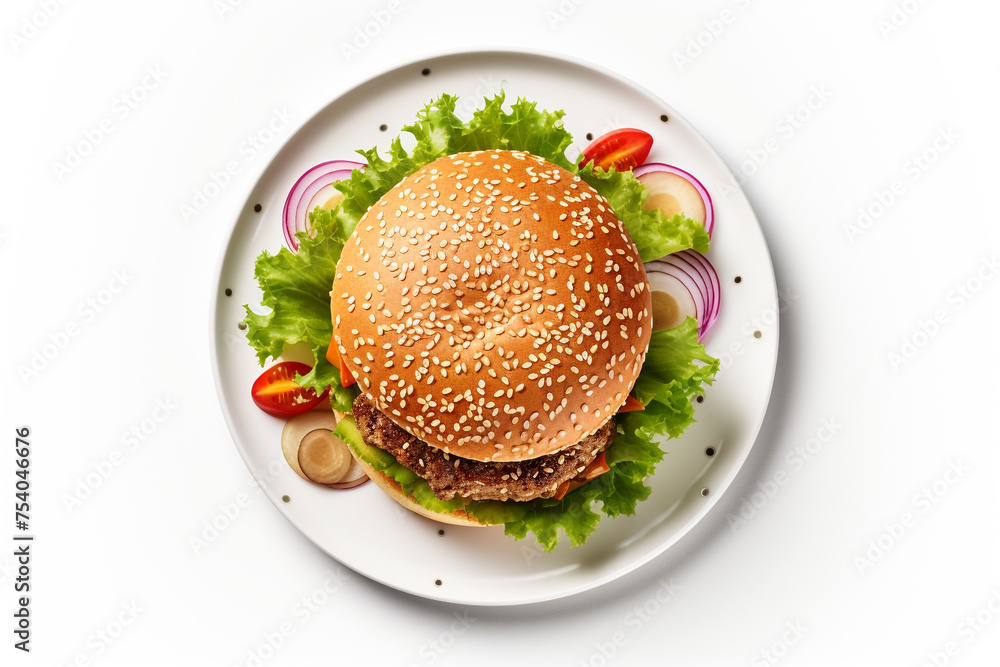 Wall mural delicious burger on plate isolated on white background, top view of delicious burger