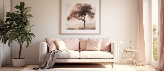 A white couch sits in the center of a living room, accompanied by a vibrant potted plant. The room exudes a sense of modern simplicity and cleanliness.