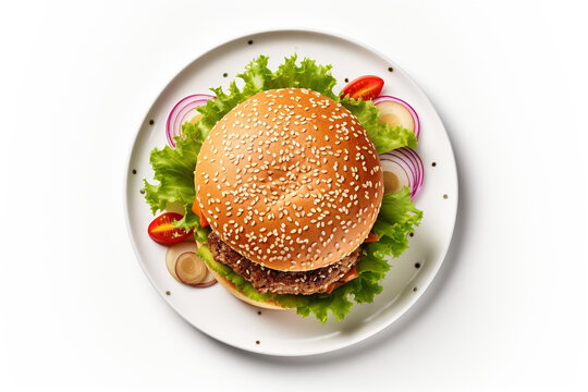delicious burger on plate isolated on white background, top view of delicious burger