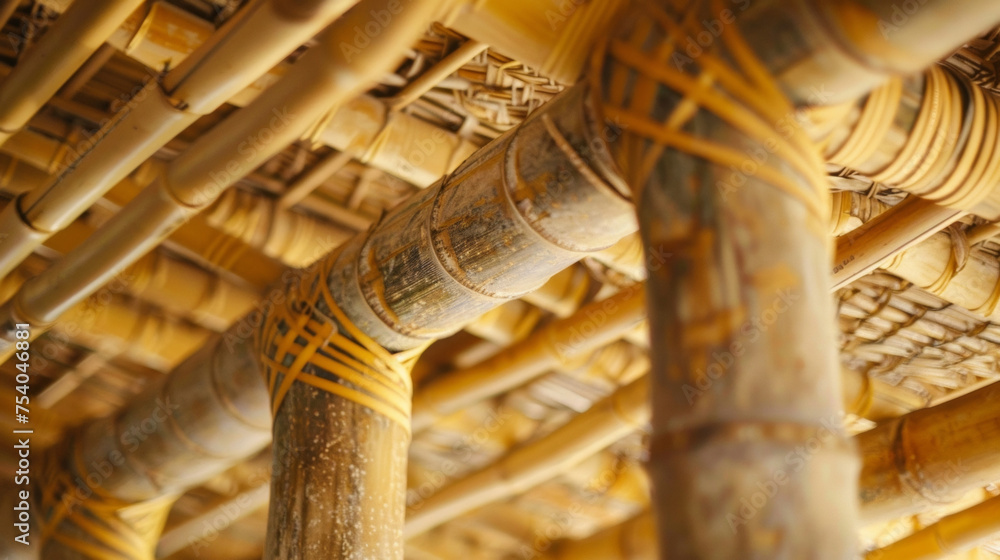 Poster delicate hands carefully thread renewable bamboo fibers through the beams of a new highrise creating
