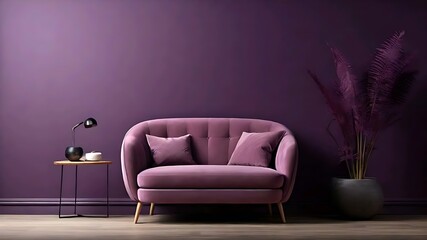 Minimalist and modern interior of living room with purple empty wall and light purple armchair.	