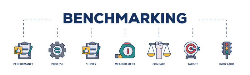 Benchmarking icons process structure web banner illustration of performance, process, survey, measurement, compare, target, and indicator icon live stroke and easy to edit 