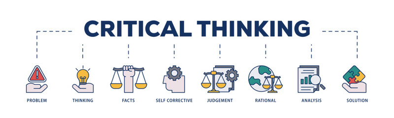 Critical thinking icons process structure web banner illustration of solution, analysis, self corrective, rational, judgement, facts, thinking, problem icon live stroke and easy to edit 