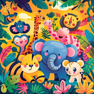 Cute cartoon animals seamless pattern. Vector illustration with jungle animals.