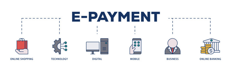 E Payment icons process structure web banner illustration of online shopping, technology, digital, mobile, business and online banking icon live stroke and easy to edit 
