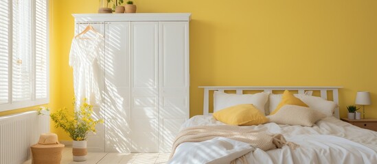 A bedroom featuring vibrant yellow walls and crisp white furniture, including a built-in white wooden wardrobe, white bedding, window blinds, and a white aluminum radiator.